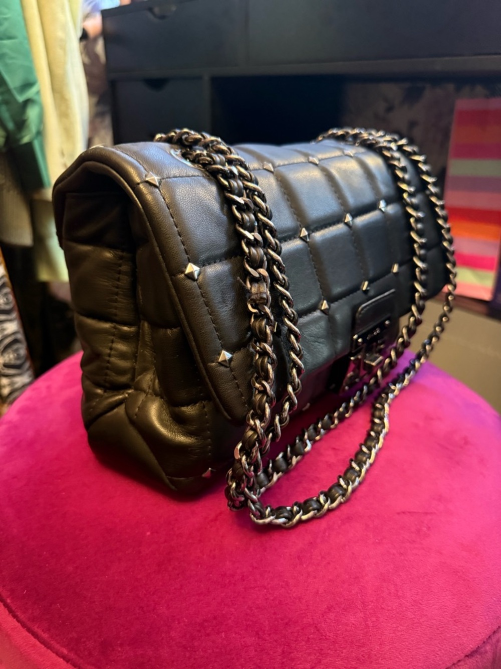 Aldo Black Quilted Studded Chain Shoulder Bag - Picture 2 of 10